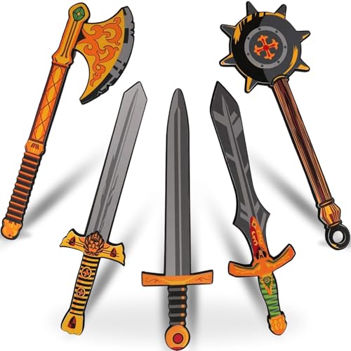 Liberty Imports 5 Pack Foam Swords and Weapons Set - 17 Inch Medieval Toy Swords Axe and Mace - Thick EVA Foam for Safe Play Kids Pretend Battle Set for Knights Ninja and Viking Roleplay