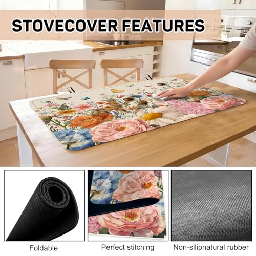 Image of Retro Floral Stove Top Cover for Electric Stove, Wild Flowers Range Covers for Electric Stove, Rubber Dish Drying Mat, Glass Cooktop Covers, Flat RV Range top Mats, 28 inchx20 inch