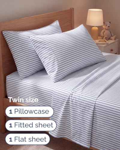 Image of Twin 4 Piece Bed Sheet Set - Breathable & Cooling Sheets - Blue Stripes | Ultra Soft Hotel Luxury Bedding Set with 8-16 Inch Deep Pockets, 1 Flat & 1 Fitted Sheet & 2 Pillowcases, Wrinkle & Fade Free