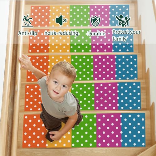 Peldaños de escalera de madera con alfombras de puntos en pack de 15 5