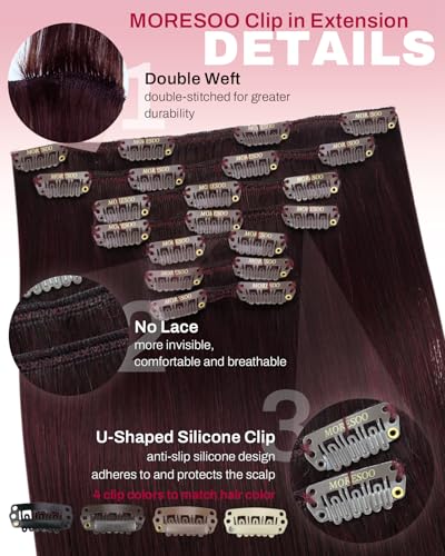Image of Moresoo Human Hair Clip in Extensions Dark Red Remy Clip in Human Hair Extensions Burgundy Hair Extensions Real Human Hair Clip ins Double Weft Red Wine #99J 7pcs 150g 24inch