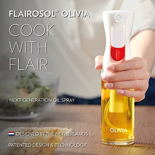 Flairosol Olivia. The Original, Advanced Oil Sprayer For Cooking, Salad Dressings And More, Continuous Spray With Portion Control, Trusted By Chefs. Patented Technology. (Glass Bottle, 130Ml/4.4 Oz) (White Print) #TOP1