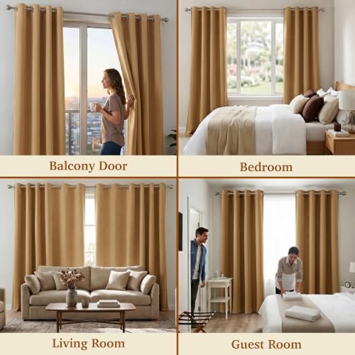 Image of 100% Blackout Window Curtains, 5 Feet, Solid Design, Faux Silk, Thermal Insulated, Noise Reducing Eyelet Door Curtain with Tie Back for Living Room & Bedroom, 115x150cm, Pack of 2 - Gold