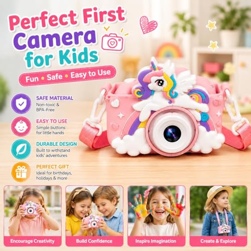 Image of Brand Conquer Kids Camera for Girls with Unicorn Design, HD Digital Camera for Children Age 3-10, Rechargeable Mini Toddler Camera with 2.4 inch IPS Screen, Selfie, Video Recording, Games & Strap (Pink)