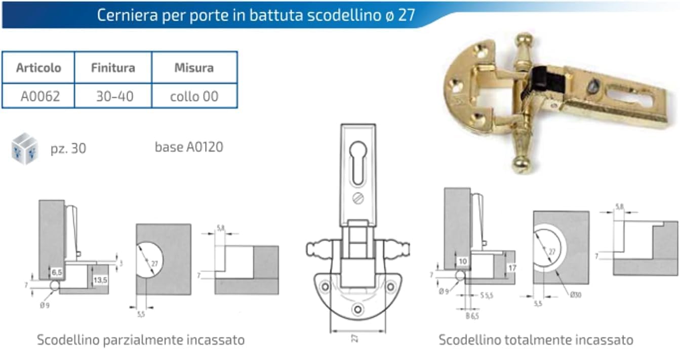 10 Pezzi Cerniere in lega metallica finitura dorata con scodellino 27 mm e basetta per mobili antichi e ante in battuta - Stile Arte Povera