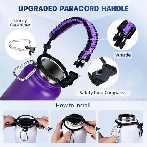 Image of Insulated Water Bottle, 32 oz Stainless Steel Wide Mouth Water Bottles with 2 Leak Proof Lid and Paracord Handle, Double Wall Vacuum Insulated Sports Water Bottle, Purple Black