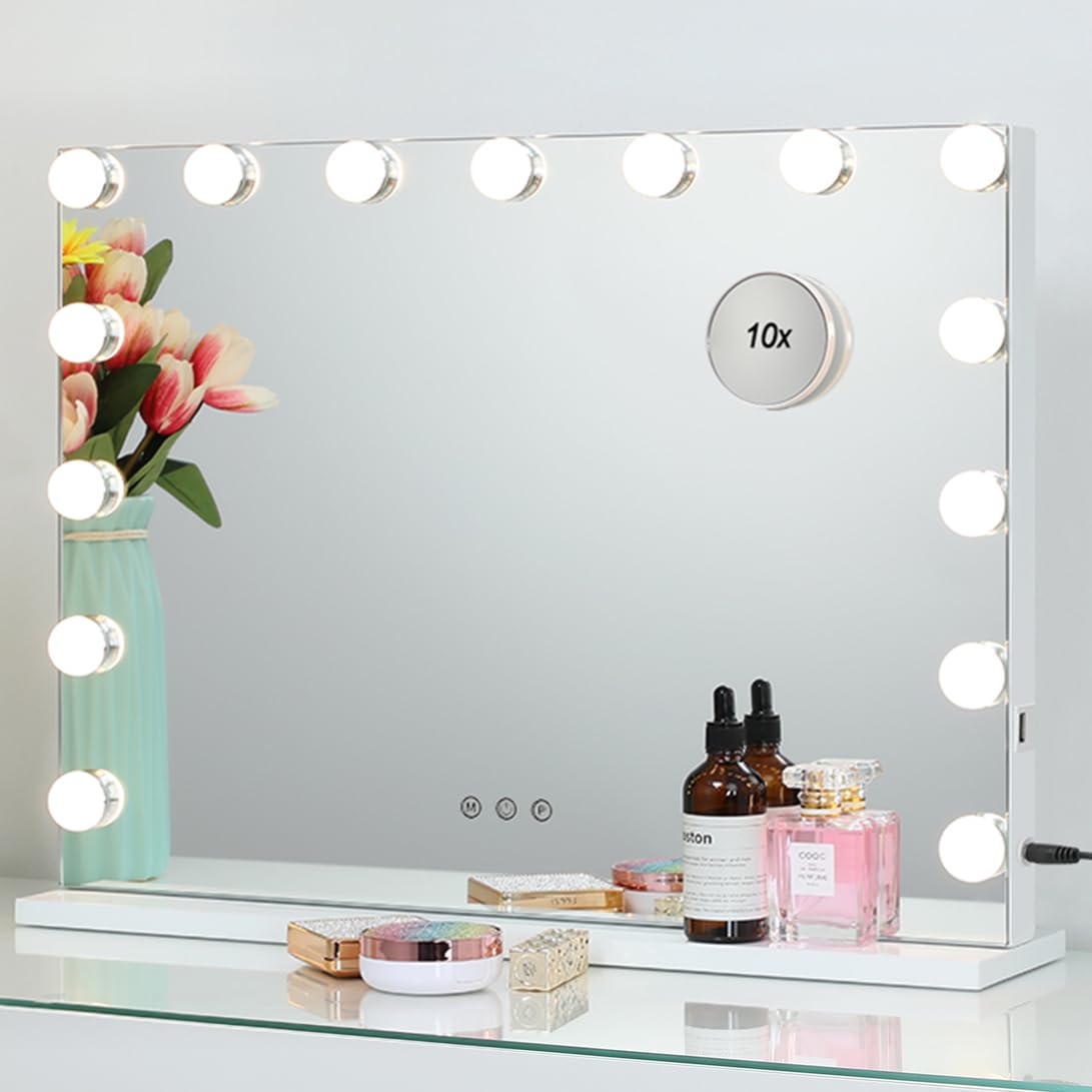 2-FNS Hollywood - Espejo de maquillaje con 15 luces LED, pantalla táctil iluminada con iluminación, 3 modificaciones de color, brillo ajustable, con USB, mesa o soporte de pared