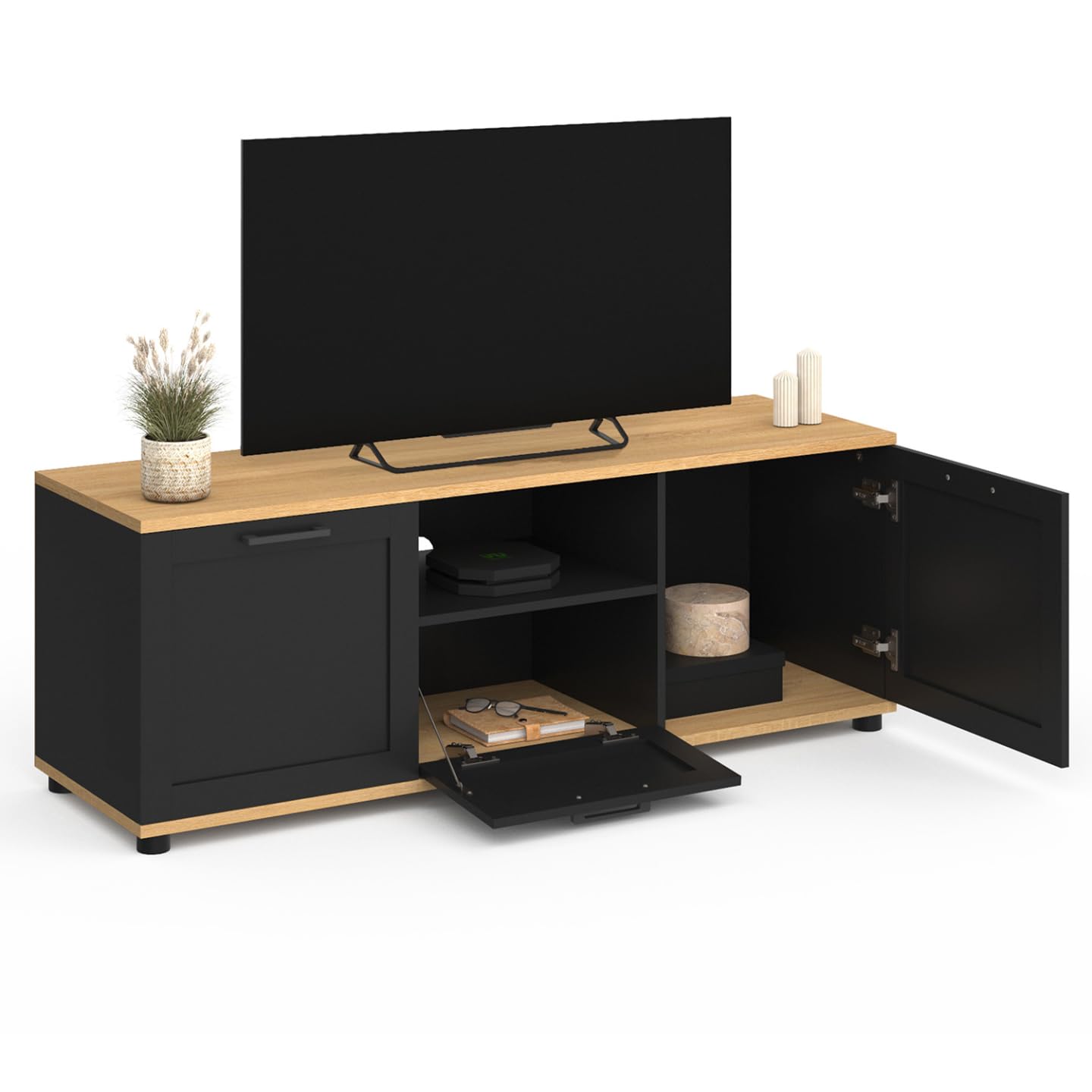 IDMarket - Mueble TV VITO con cajón y hornacina negros y tapa de madera de 110 cm