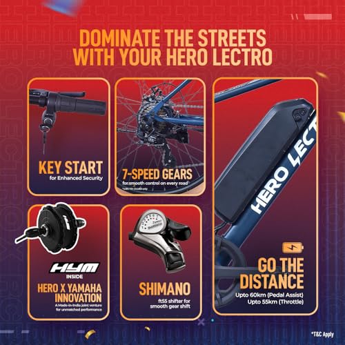 Image of Hero Lectro Y5+ 27.5T 7 Speed Electric Cycle | 250W Motor | 10.4Ah Battery | Speed Upto 25 Kmph | Range Upto 55-60 KM on PAS | External Battery | 98% Assembled Cycle | Blue