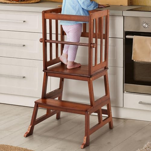 Image of COSYLAND Kids Kitchen Step Stool, Toddler Standing Tower with CPC Certification, Removable Anti-Drop Railing Safety Rail Enjoys Unique Patented Design A Anti-tip Stable Structure 1.5-3 Years Brown