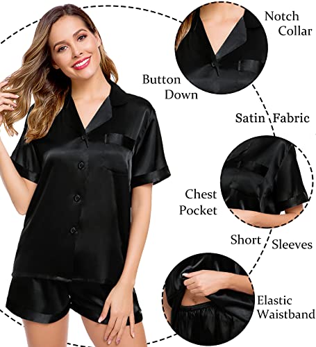 Image of LecGee Womens Silk Satin Pajamas Set Short Sleeve Button Down Sleepwear Loungewear 2 Pcs Pj Sets