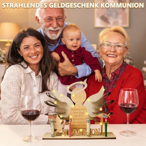 Kommunion Geschenke für Mädchen Junge, Holz Konfirmation Geschenk Kleine Geschenke zur Kommunion mit LED Lichterkette & 2 Karte, Geldgeschenke Kommunionsgeschenke Taufgeschenke für Mädchen Jungen
