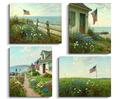 Image of TANXM Unframed American Flag Wildflower Wall Art Set of 4, 8x10 Inch | Coastal Vintage Wildflower Patriotic Wall Decor for Independence Day Home Office