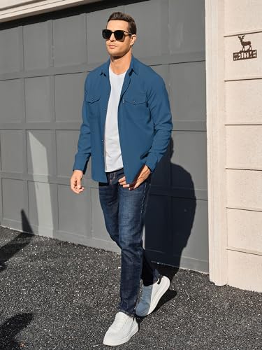 Image of Comdecevis Men's Casual Shirt Shacket Long Sleeve Button Down Lightweight Jacket Overshirt with Flap Pockets Gray Blue