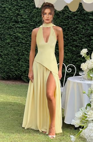 Chiffon Bridesmaid Dresses Halter Long Prom Dress A-Line Ruched Formal Evening Gowns with Slit3