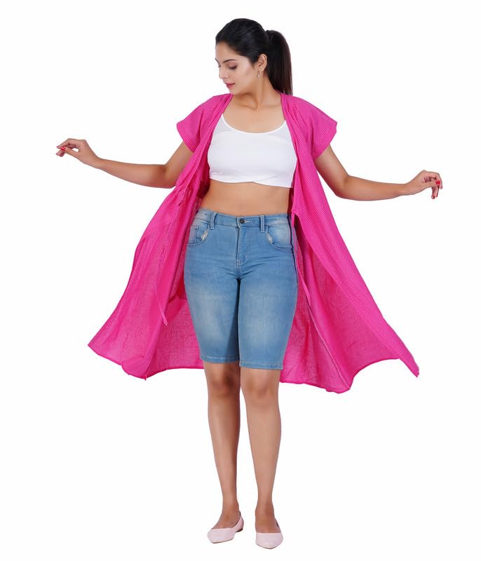 MENMAII Cotton Wrap Dress [Size - L- 4XL ] - Full Open Multipurpose Night Gown -a Kind of Adaptive Clothing with Pocket for Women |Full Length [Dark Pink Kantha Plain- XXL/Knee Length ] - Image 3 thumbnail