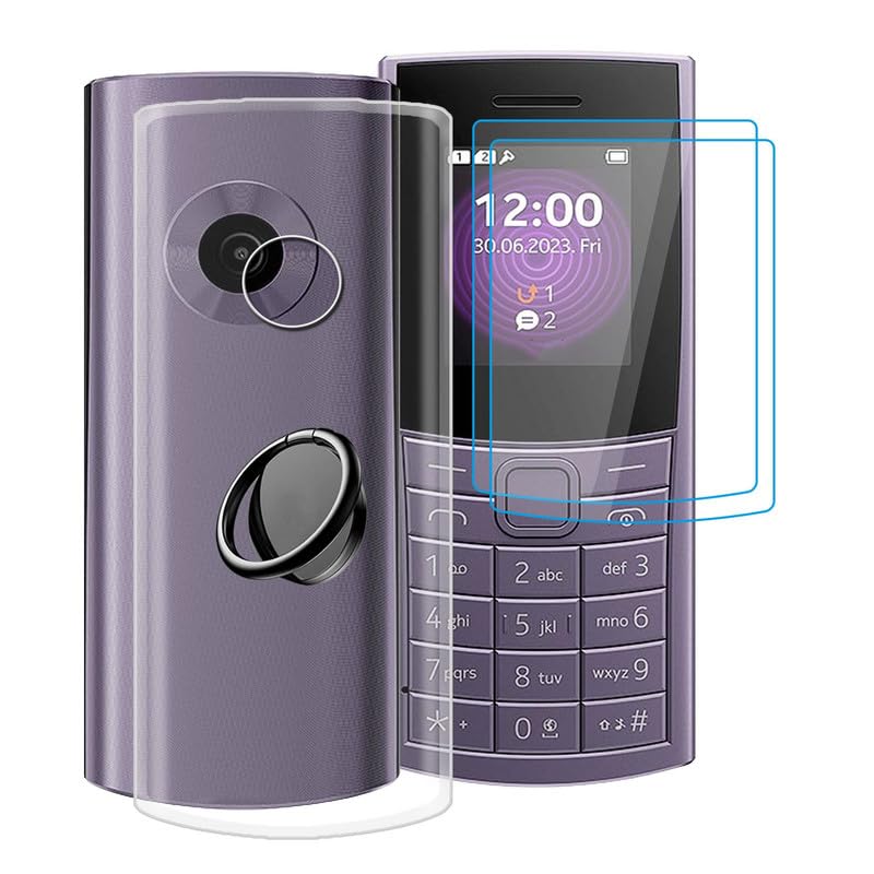 YQINHHME Clear Case for Nokia 110 4G 2023 (1.8") with 2 X Screen Protector + 360° Magnetic Ring Holder, Slim Shockproof Protective Cover Soft Silicone