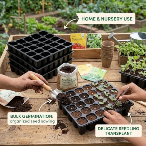 Image of SJ Organics Seed Starter Tray - Pack of 10 (48 Cells Each) | Heavy Duty Germination Tray for Vegetables, Flowers & Hydroponic Gardening