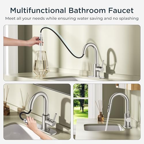 FORIOUS Bathroom Faucet 1 Hole with Pull Down Sprayer, Stainless Steel Bathroom Sink Faucet Single Handle Modern Prep Wet Bar Sink Faucet, Push-Pop Drain, for RV Bar Vanity Washroom, Brushed Nickel by FORIOUS - Image 4