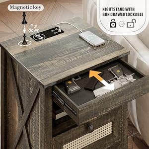 Rustic nightstand with gun drawer end table with charging station led bedside table with human sensor light rattan night stand for bedroom brown  urban country home decor