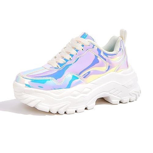 Niluber Chunky Sneakers for Women White Black Red Purple Platform Sneakers Comfortable Casual Lace Up Fashion Tennis Shoes - 8 - White Hologram
