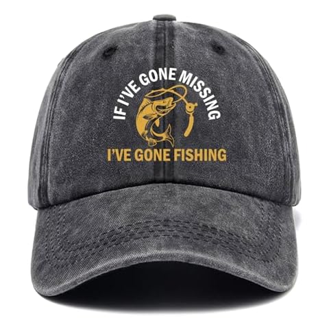 Jxubeuro If I've Gone Missing I've Gone Fishing,Funny Baseball Cap,Funny Hats,Fishing Baseball Cap,Gifts for Fishing Lover,Adjustable Cotton Baseball Cap for Men Women Black Cover