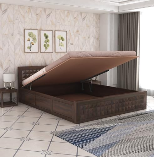 Image of Sheesham Wood Queen Size Bed with Hydraulic Box Storage and Headboard | Durable Wooden Double Bed Cot Palang Furniture for Bedroom, Living Room, Guest Room, Hotel and Home (Walnut Finish)