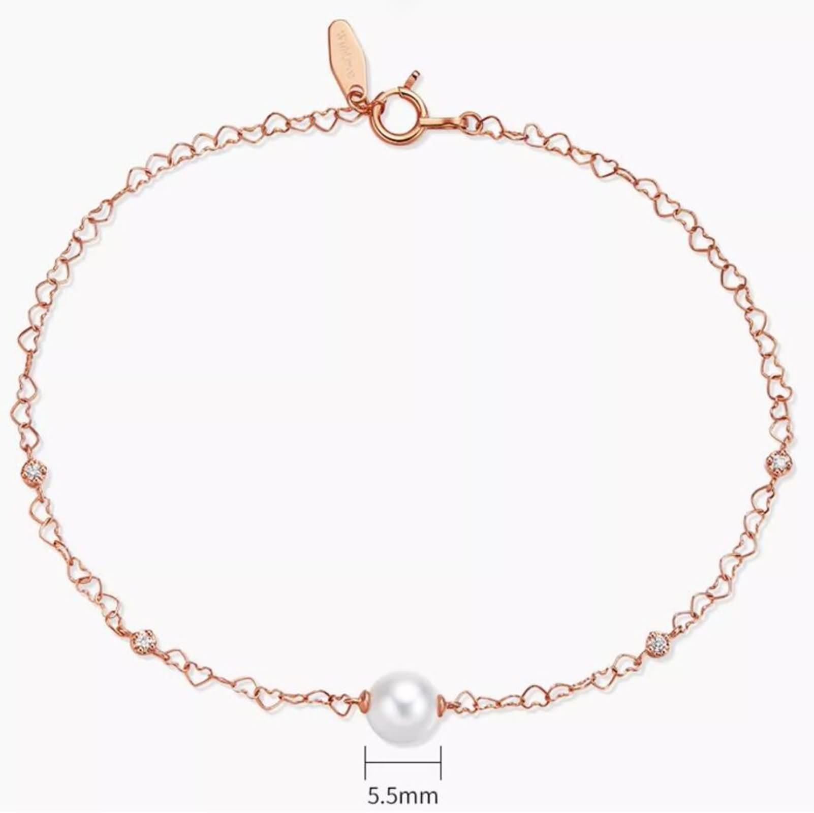 Pulseras Oro Rosa Mujer 9 Kilates / 14 Kilates / 18 Kilates, Corazón Hueco y Perla de 5,5-6 MM con Diamante, Cadena 16 CM, Pulseras de Mujer de Oro Rosa
