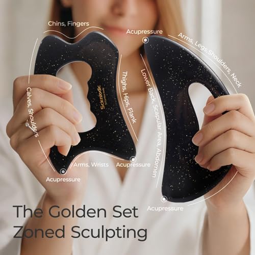 Image of Scienlodic 2 Pcs Large Body Gua Sha Massage Tools (Black Gold, Resin) - Muscle Scraper for Back, Neck, Waist & Legs, Muscle Relaxation, Soothe Tension