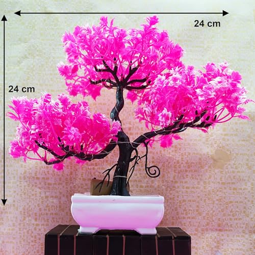 Image of Artificial LED Bonsai Tree with Lush Colorful Foliage in Elegant Plastic Pot | Artificial Plants with Pot | Indoor Plants | Home Decor Items (Pink, 24cm)