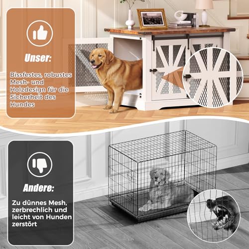 Hundekäfig, 110 cm Hundebox, Dreitüriger Hundekäfig für zu Hause, Schiebetür, Modernes Holz-Hundehäuschen, Mittlere und Große Hunde, Verstärktes Eisennetz, 110x74x81 cm, Weiß