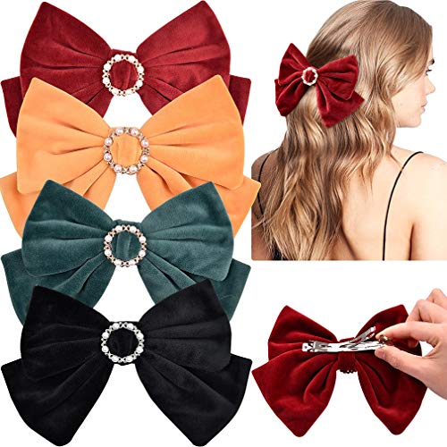 Aileam Velvet Hair Bows Barrettes Clips 8" Large Bows with Pearl Hair Clip Vintage Accessories for Women Girls Red Black Yellow Green 4Pack