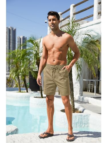 Image of RQP Mens Cotton Linen Shorts Casual Drawstring 7inch Inseam Shorts Stretch Summer Beach Wear