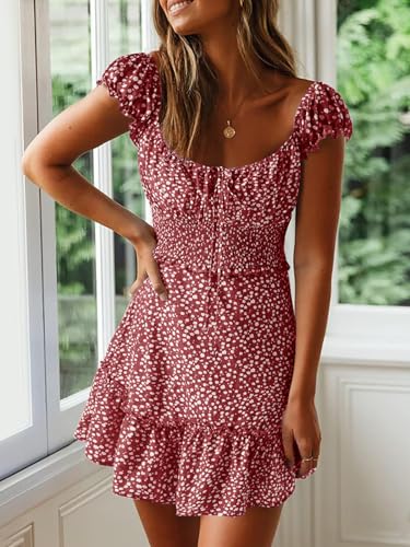 Image of Womens Summer Floral Sundress Ruffle Sleeve Sweetheart Short Mini Dresses | Sun Dress, Sexy, Flowy, Print, Smocked Waist, Western Boho, Beach, Date Night, Country Concert
