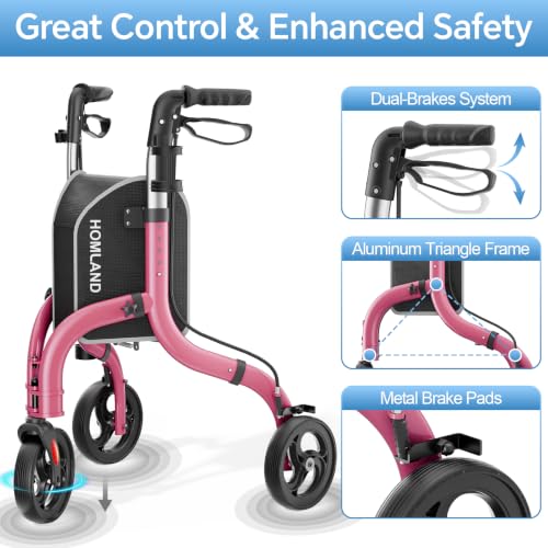 Image of HOMLAND Foldable 3 Wheel Walkers for Seniors, Lightweight 10.4 lbs | with Cane & Cup Holder, Height Adjustable, 8'' big wheel, Ruby Red