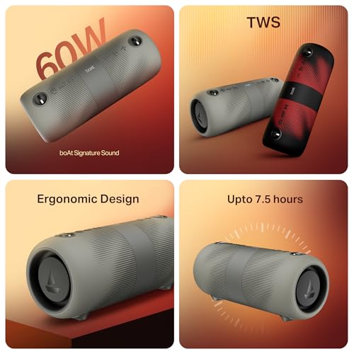 Image of Boat Stone 1200 Pro, 60W Boat Signature Sound, 76.2mm Drivers, TWS,7.5H Battery, Built-in Mic, Carry Strap,IPX6, Bluetooth Speaker, Wireless Speaker, Portable Speaker (Ice Grey)