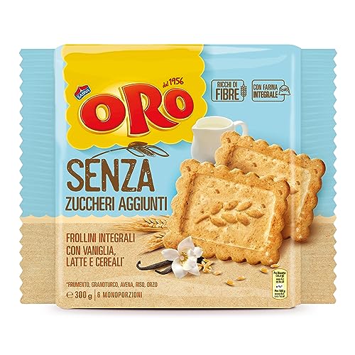 Oro Saiwa senza Zuccheri Aggiunti, Biscotti Integrali con Vaniglia, Latte e Cereali, Fonte di Fibre con Farina Integrale, 300g (6 monoporzioni da 50g)