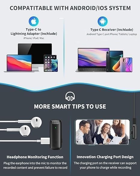 Image of BQYA J13 Wireless Dual Mic Lavalier Microphone with Charging Case, Compatible for Type-C Android & Tablet, Noise Reduction Lapel Mic for Youtubers, Video Recording, Facebook, Live Stream