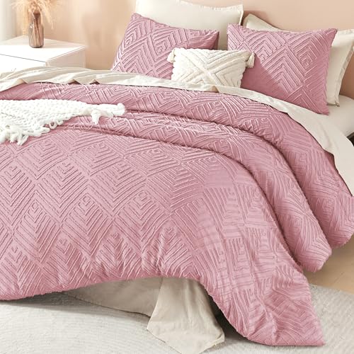 Image of Litanika Grayish Pink Queen Comforter Set, 3 Pieces Tufted Boho Farmhouse Bedding Comforter Sets, Lightweight Fluffy Comforter Bed Set for All Season (90x90In Comforter and 2 Pillowcases)