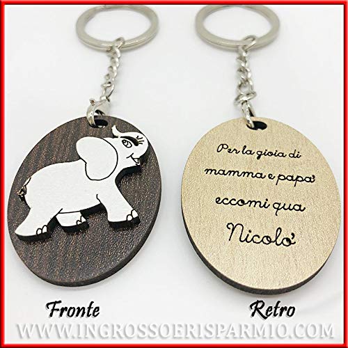Ingrosso und SparMio 20 Schlüsselanhänger mit ovalem Anhänger aus Holz und Elefant, mit Gravur für Gastgeschenke zur Geburt, Taufe, Jungen, Mädchen (mit persönlicher Gravur - mit Tiffany-Verpackung)