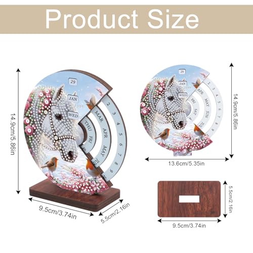 Image of AiYuanzsh Diamond Painting Tabletop Perpetual Calendar, 3D DIY Wooden Desk Ornament with White Horse Design, Sparkling Diamond Art Kit for Desktop Decoration