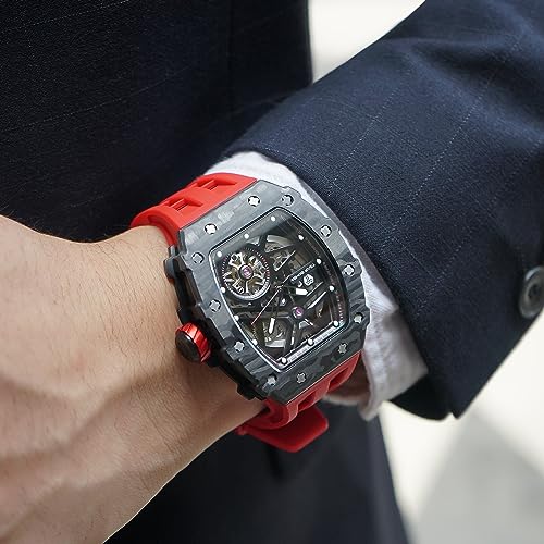 Image of TSAR BOMBA Men's Automatic Watch Tonneau Luxury Skeleton Watches for Men Mechanical 50M Waterproof Analogue Watches Mens Unique Cool Square Big Face Dial Wristwatch with Silicone Strap Band