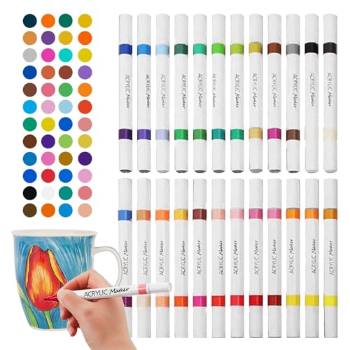 24 Rotuladores Acrílicos de Doble Punta & 48 Colores, Marcadores Permanentes para Cerámica, Tazas, Vidrio, Piedra, Madera, Metal, Manualidades DIY