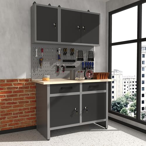 Image of JZD Steel Storage Cabinet Set System, Included Metal Pegboard Wall Cabinets Wood Tabletop, for Garage Auto Repair Shops, Utility Room