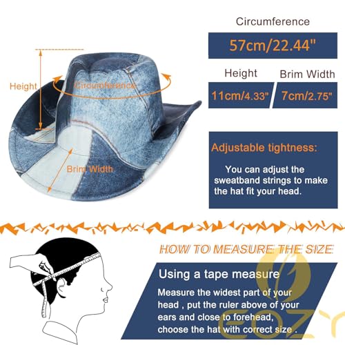 Image of Tie Dye Denim Patchwork Cowboy Hat for Women Men Western Wide Brim Costume Party Hat
