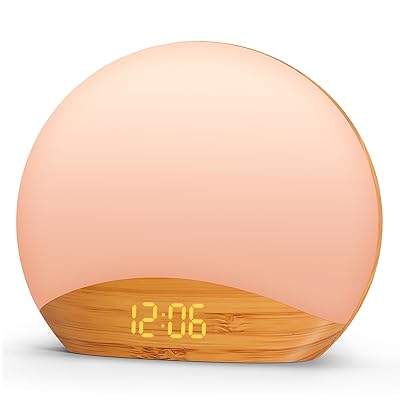 REACHER Wood Grain Sunrise Alarm Clock and Sound Machine Nightlight, Digital Dimmable Clock for Bedroom, 26 Sleep Sounds, White Noise Machine for Baby, Adults, Wake Up Light Alarm Clock for Kids