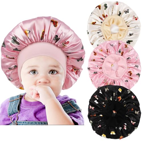Image of 3 PCS Satin Baby Bonnets for Curly Hair,Baby Silk Bonnet for Sleeping for Girls Boys