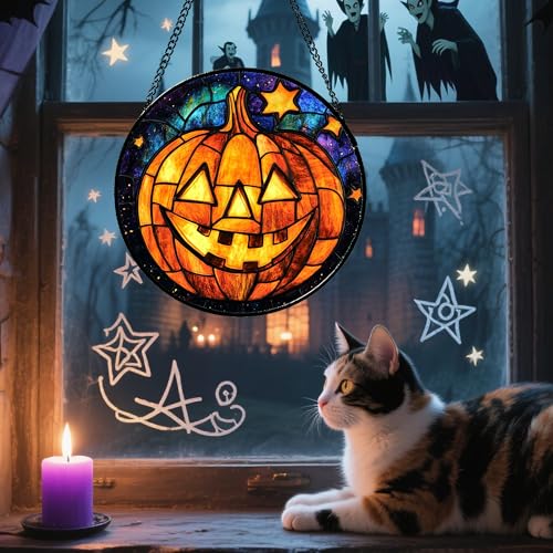 Image of Stained Glass Window Hanging Halloween Horror Golden Pumpkin 6.3 inch - Suncatcher Door Garden Sunroom Gothic Style Sun Catcher Birthday for Friend Mom Men Woman Nana