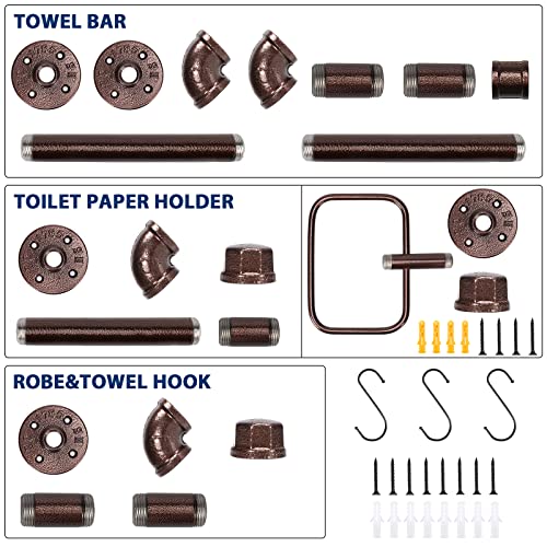 Nearmoon 4 Pieces Industrial Pipe Bathroom Hardware Set, Include 18 Inch Towel Bar, Towel Ring, Toilet Paper Holder And Robe Hook, Heavy Duty Rustic Iron Decor Wall Mounted Accessories Kit (Bronze) #TOP6