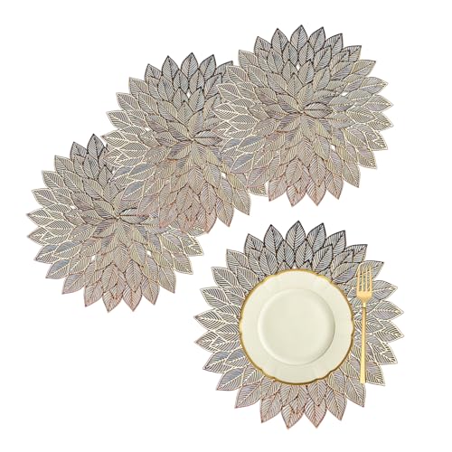 Image of Kuber Industries Leather Placemat | Placemats For Dining Room | Designer Table Mat Set | Side Table Placemats | Round Flower Placemat | 4 Piece Set | Golden